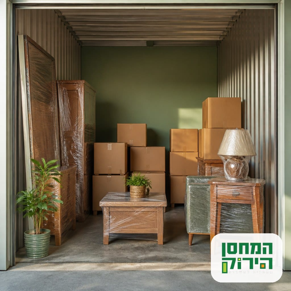 יחידת אחסון מסודרת עם קרטונים ורהיטים עטופים לקראת רילוקיישן