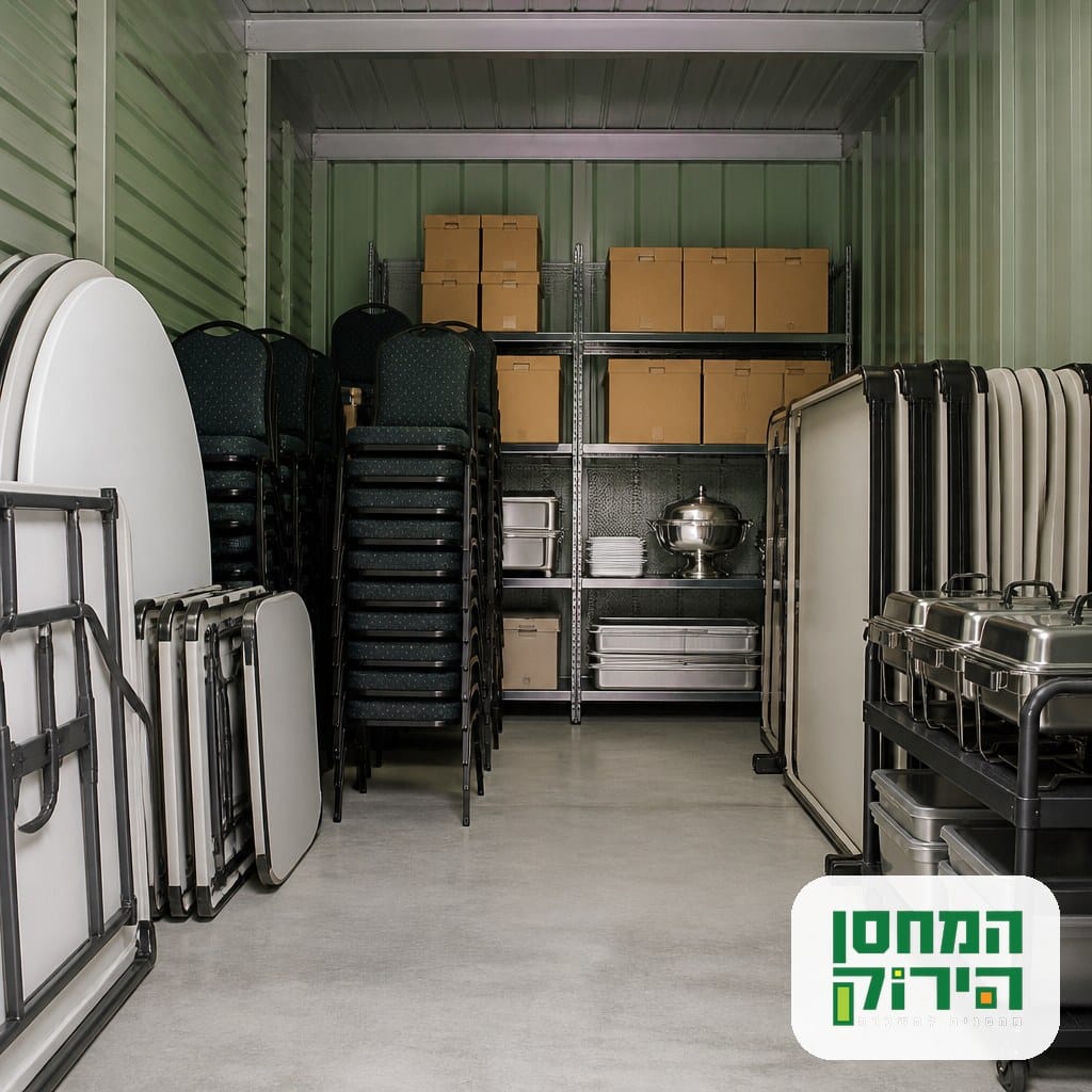 אחסון ציוד מסעדות וקייטרינג במחסן מאורגן: שולחנות מתקפלים, כיסאות וקופסאות ממוינות