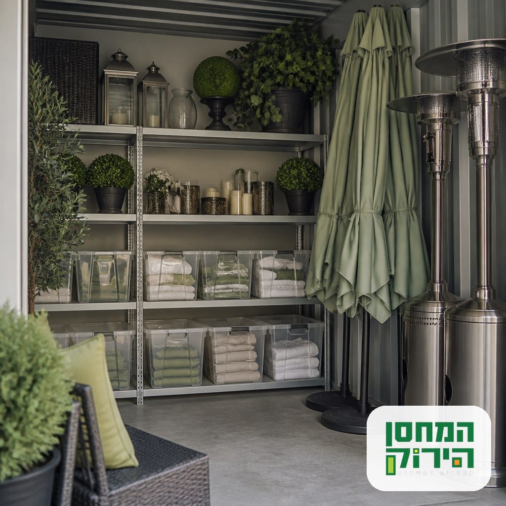אחסון פריטים עונתיים של מסעדה ביחידת אחסון מסודרת: שמשיות, אביזרי נוי ומפות ממוינות