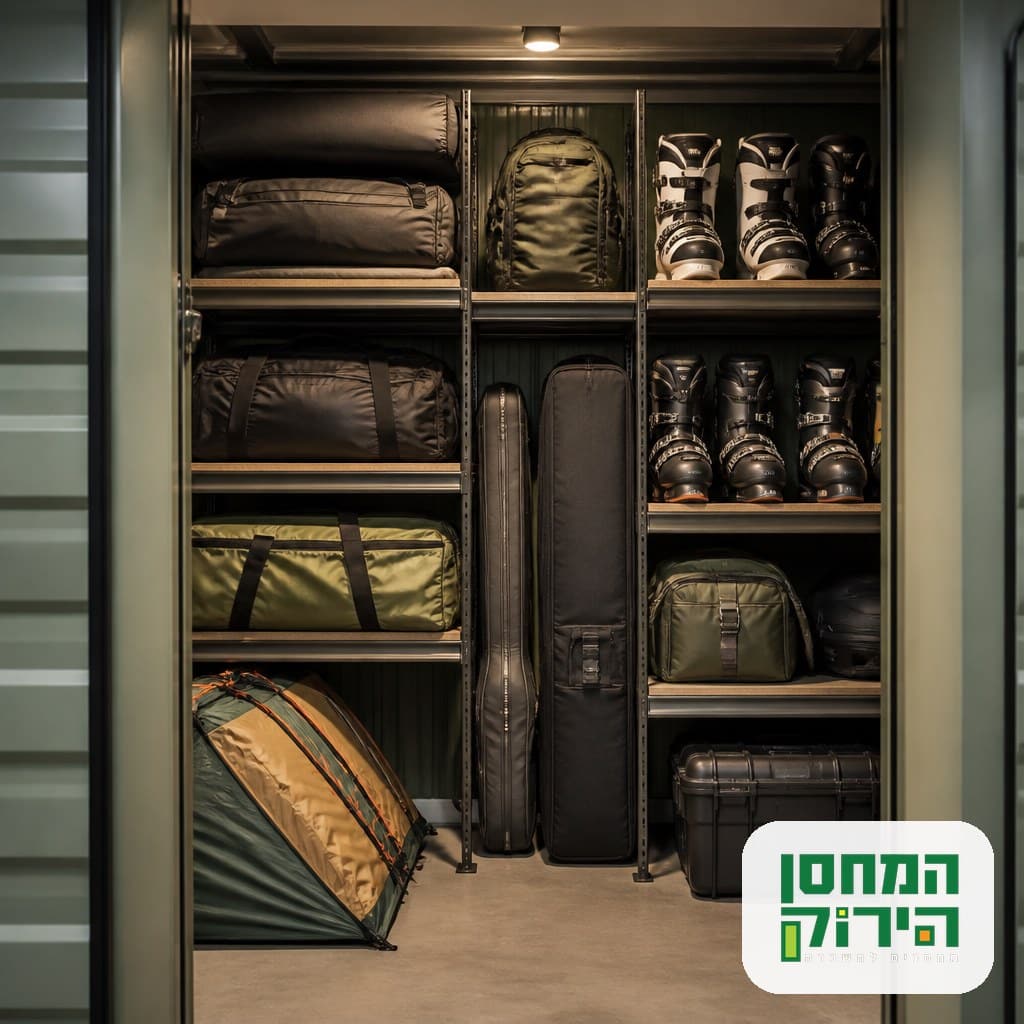 ציוד ספורט עונתי מסודר על מדפים ביחידת אחסון מאובטחת