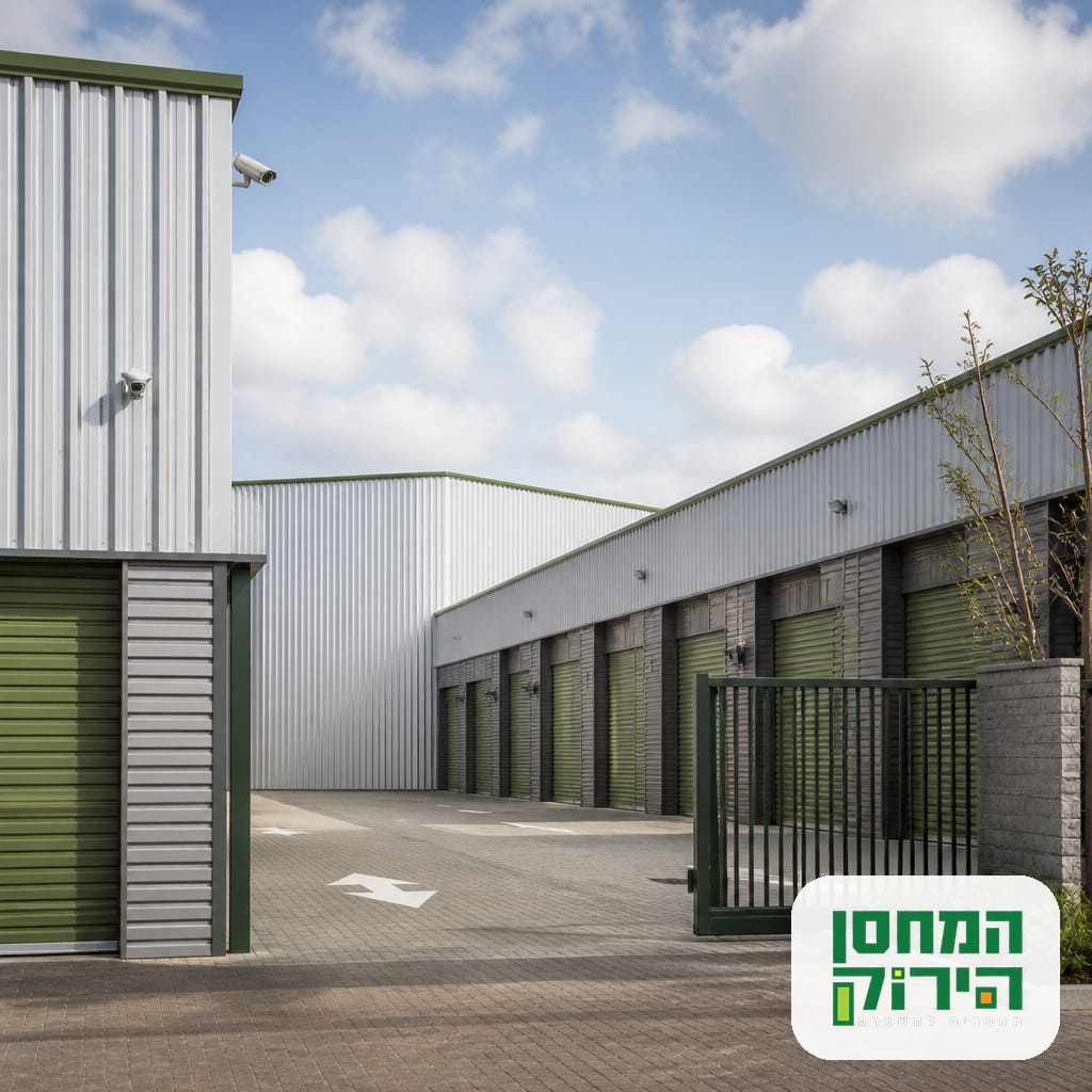 חזית מתקן אחסון עצמי מאובטח ומודרני עם דלתות אחסון ומצלמת אבטחה