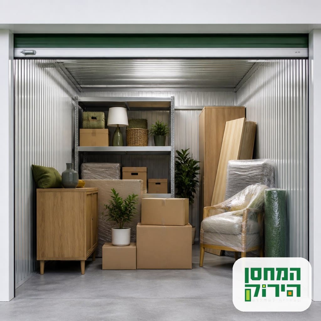 יחידת אחסון מסודרת עם רהיטים וארגזים מתכולת דירה