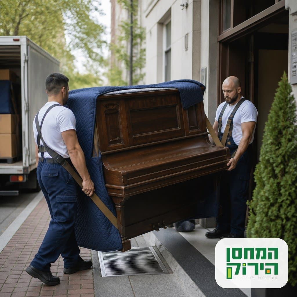 מובילים מקצועיים מבצעים הובלה מיוחדת של פסנתר כבד מדירת מגורים