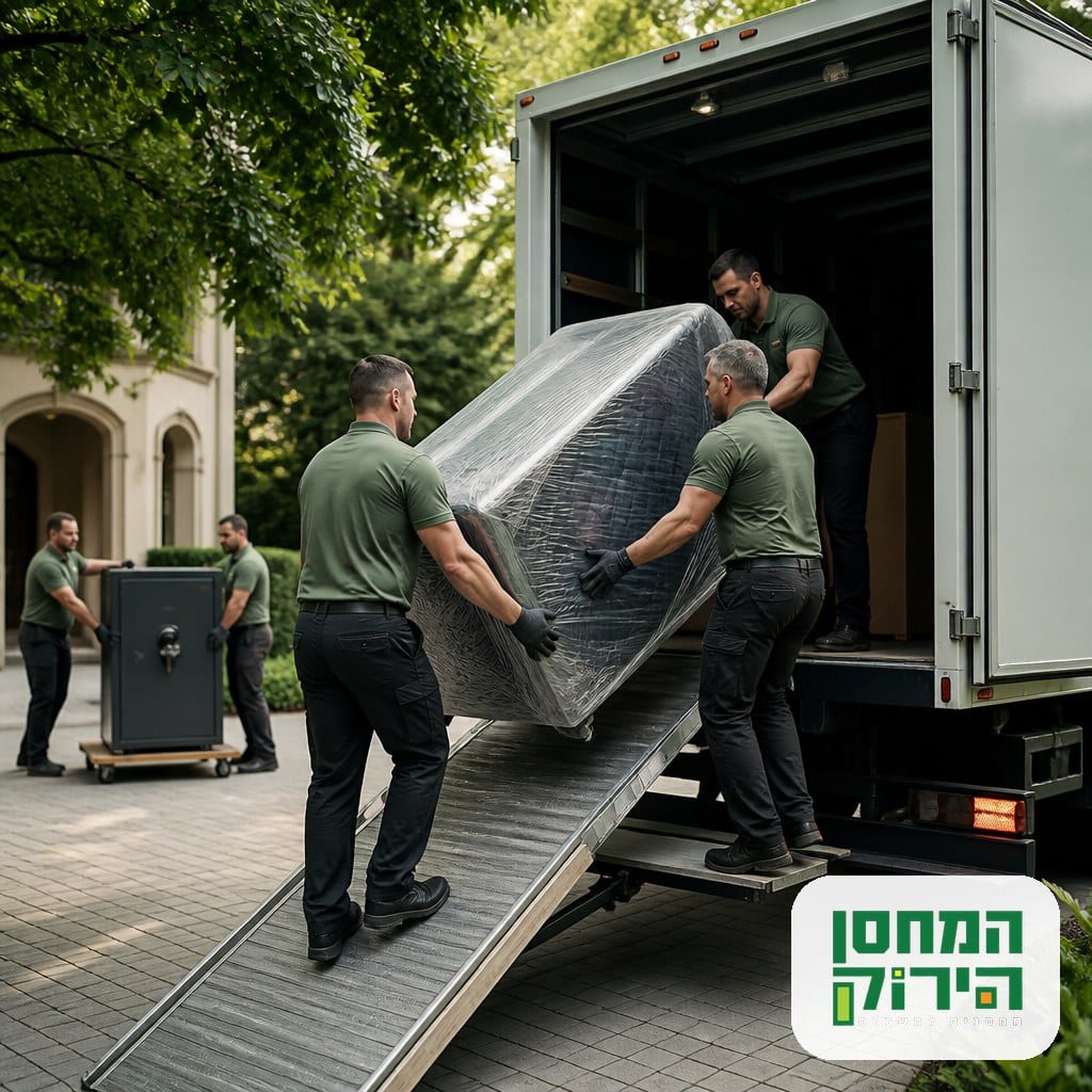 צוות הובלות מיוחדות מקצועי מעמיס רהיטים כבדים למשאית הובלה
