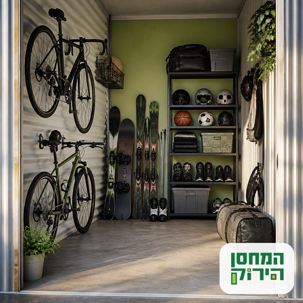 יחידת אחסון מסודרת לציוד ספורט עם אופניים תלויים ומדפים