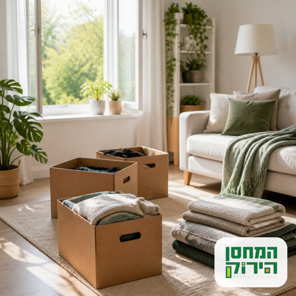 סלון מסודר ומואר בזמן ניקיון אביב עם ארגזים ממוינים