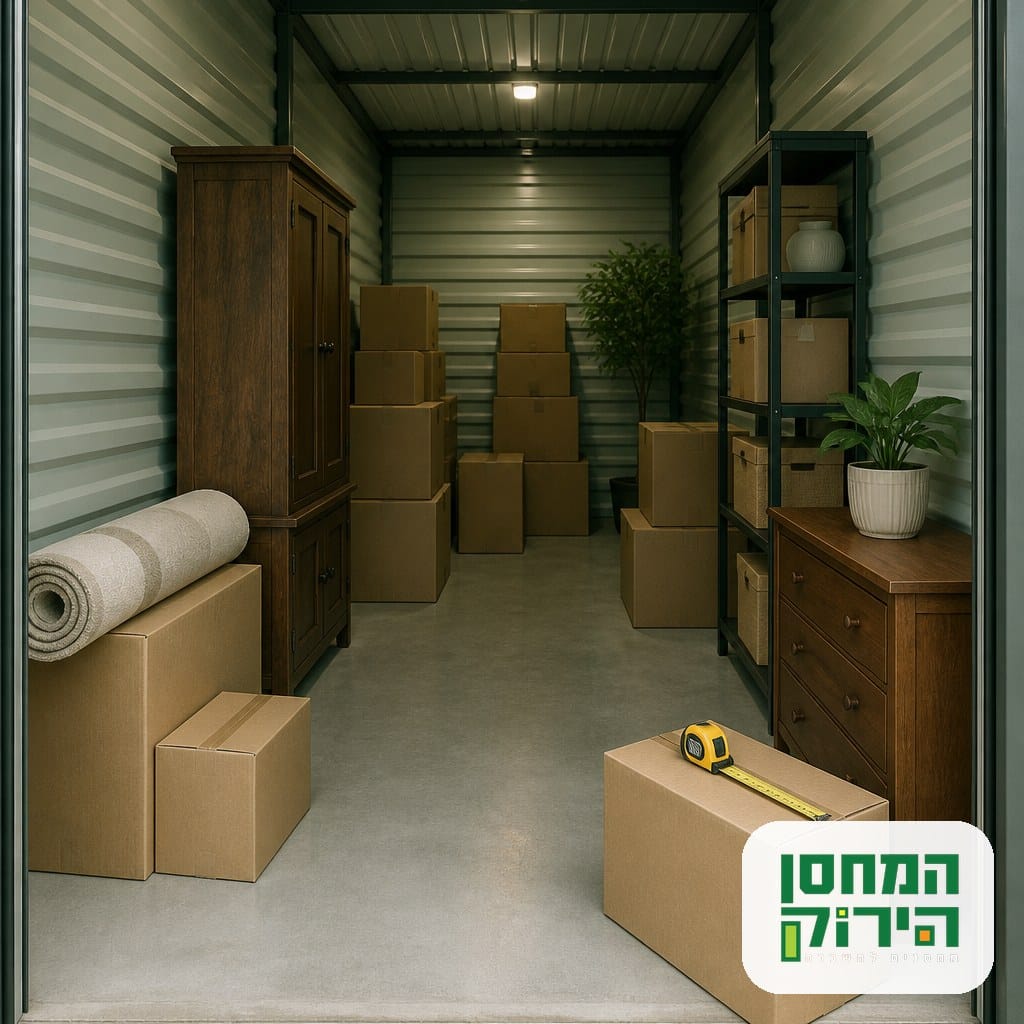יחידת אחסון מסודרת עם ארגזים ורהיטים להמחשת חישוב גודל המחסן