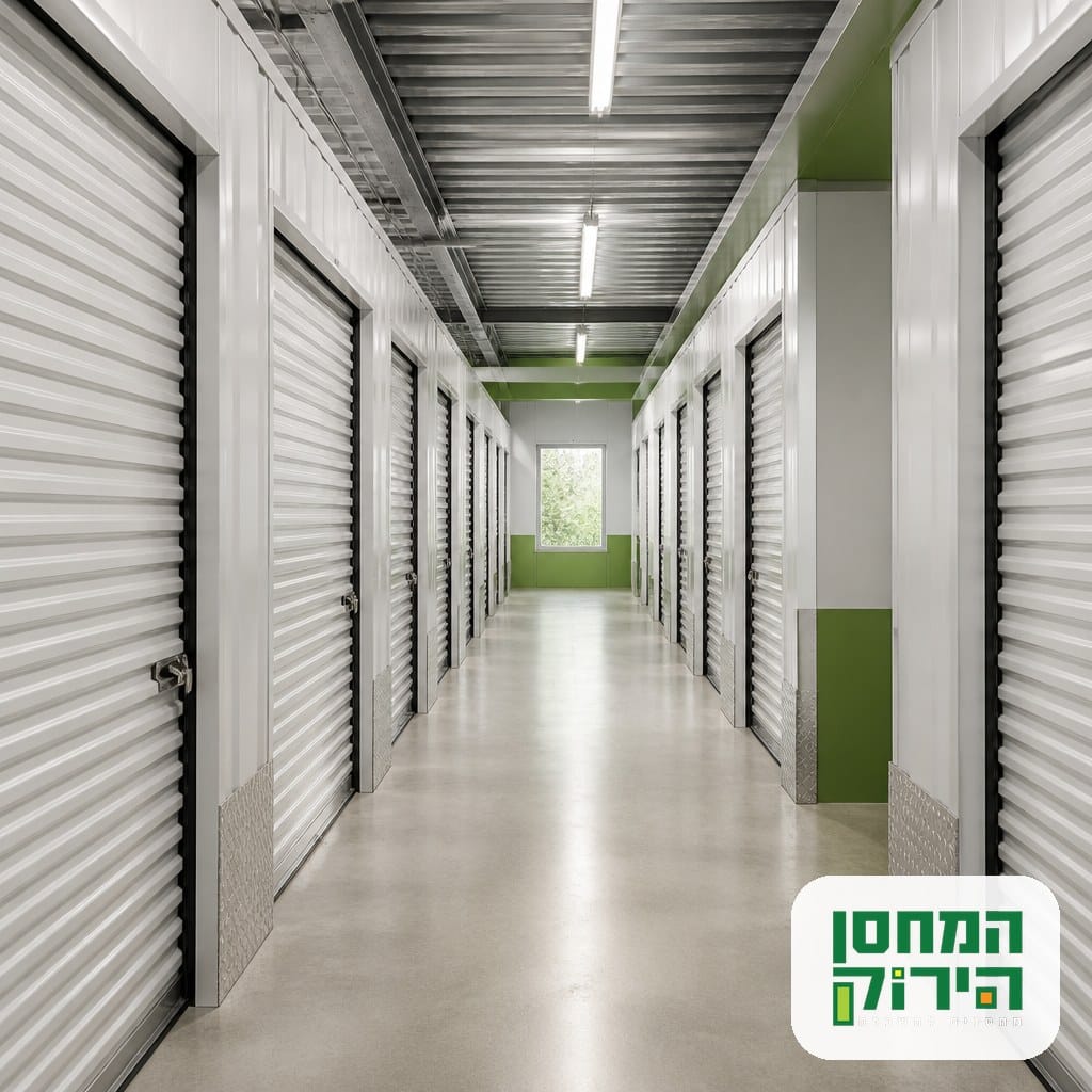 מסדרון יחידות אחסון נקי ומסודר במתחם מחסנים