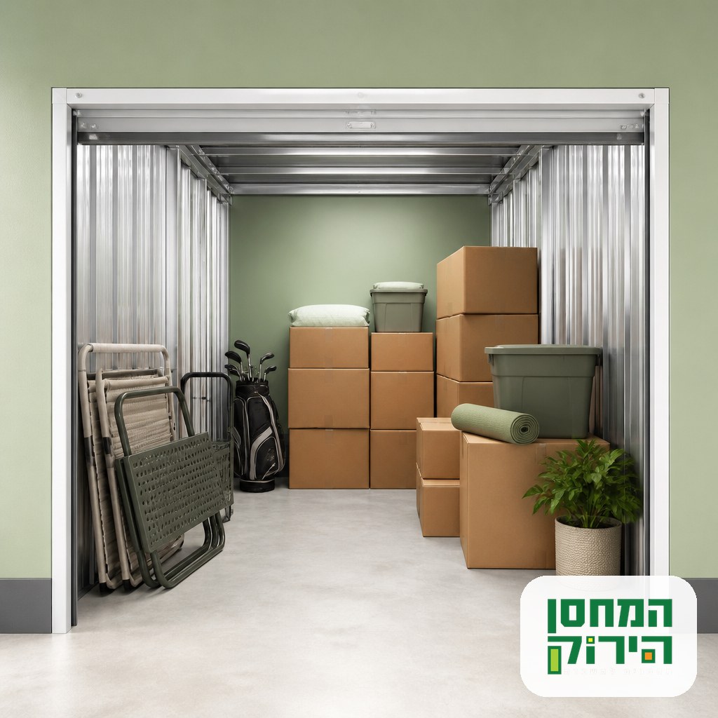 יחידת אחסון מסודרת עם קרטונים וציוד לקראת החופש הגדול