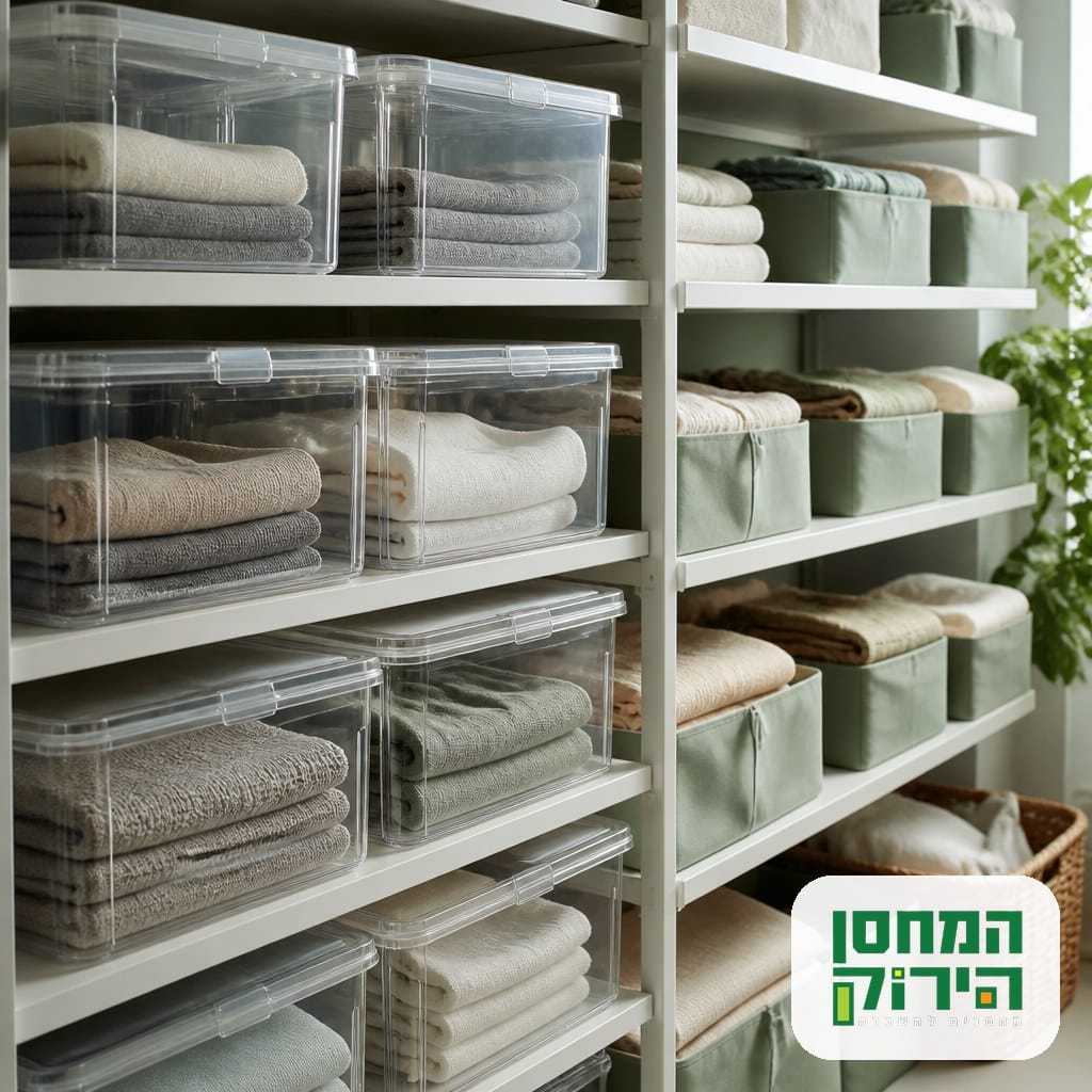 קופסאות אחסון שקופות מסודרות עם בגדים מקופלים על מדפים