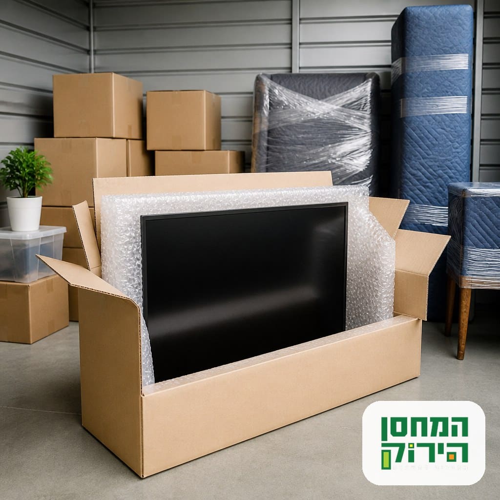 טלוויזיה במצב עומד מוגנת בניילון בועות בתוך יחידת אחסון מסודרת