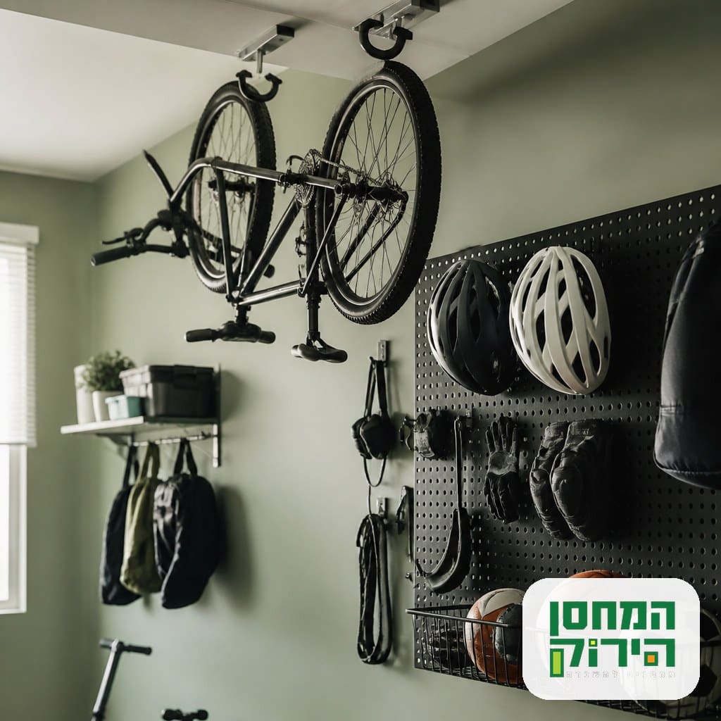ארגון ציוד ספורט בתלייה על הקיר במחסן לחיסכון במקום