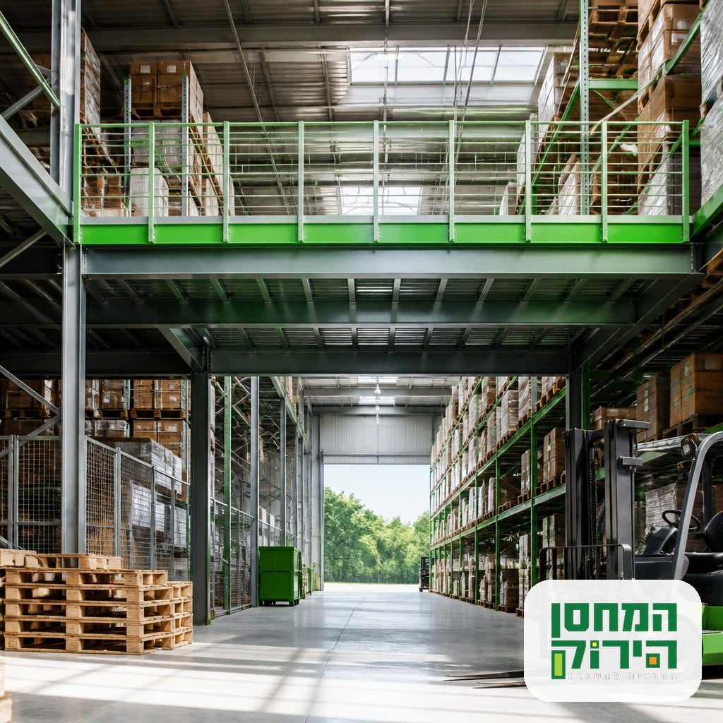 ניצול גובה במחסן עם משטחי מדפים וקומת ביניים לאחסון