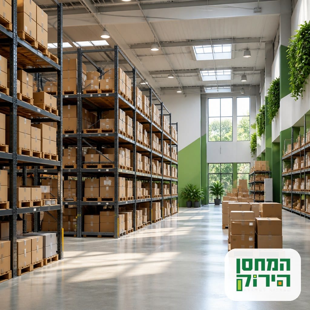 מחסן עסקי מאורגן עם מדפים ממוספרים ואזורי אחסון מסודרים