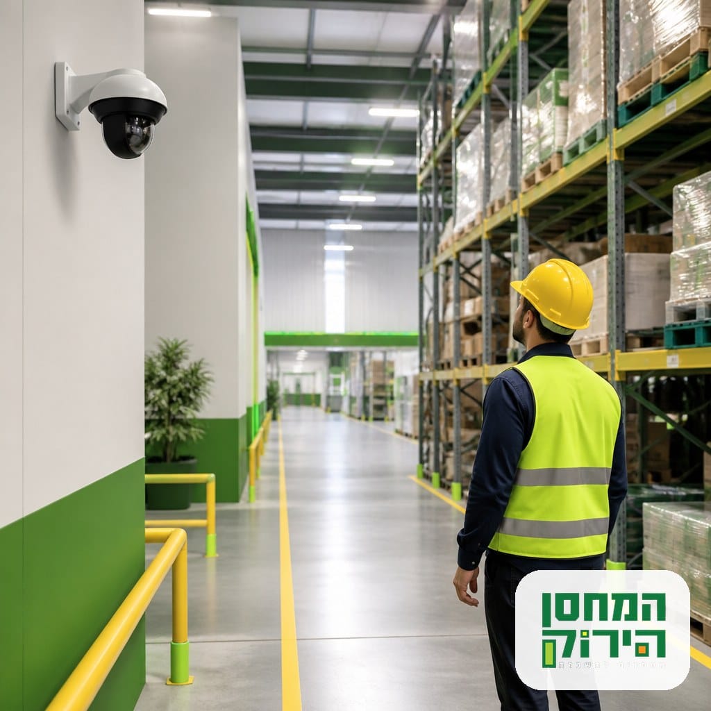 עובד מחסן עם ציוד מגן ומצלמת אבטחה במחסן עסקי מאובטח