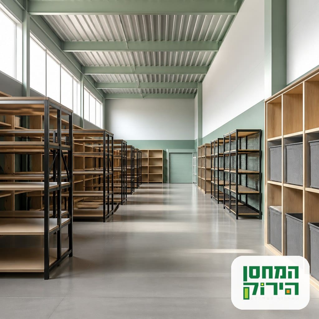 מדפים מאורגנים במחסן אחסון נקי ומסודר