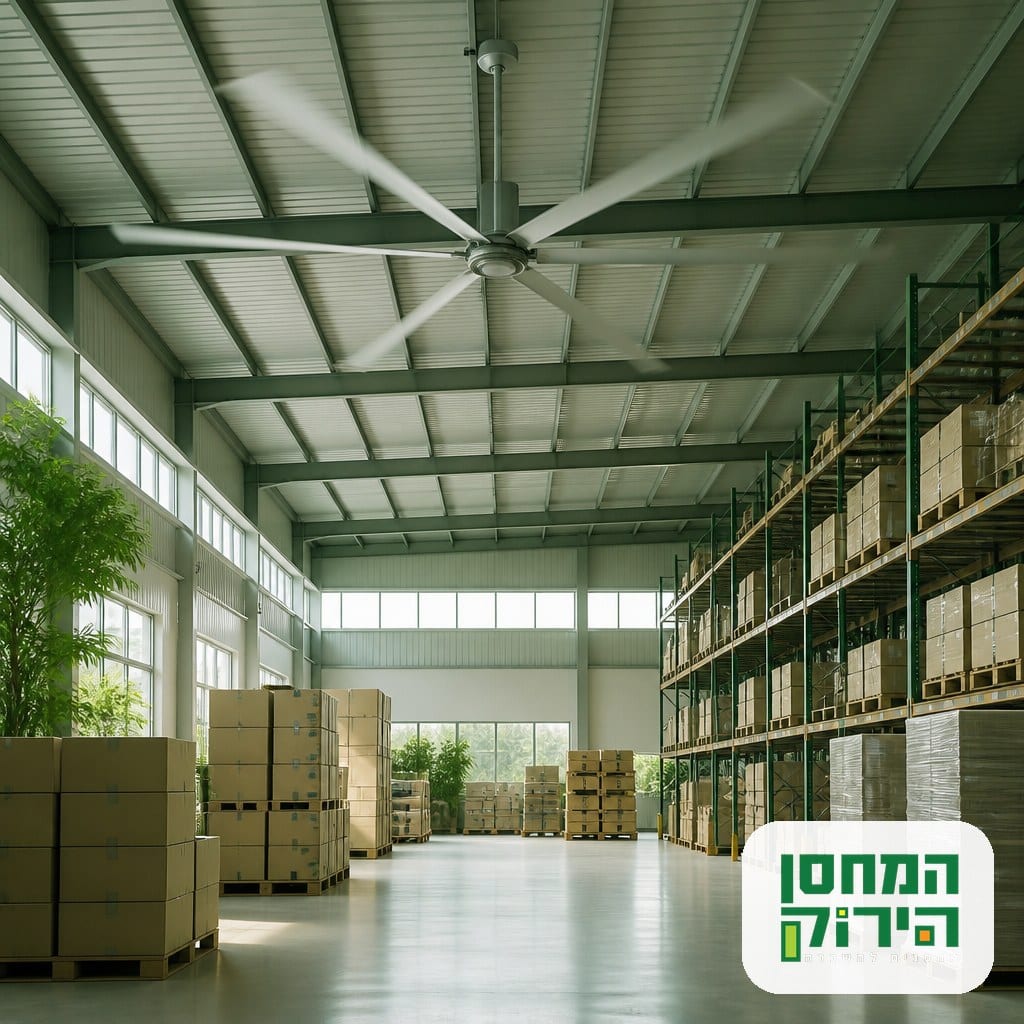 מאוורר תקרה תעשייתי HVLS במחסן אחסון מודרני ומאוורר