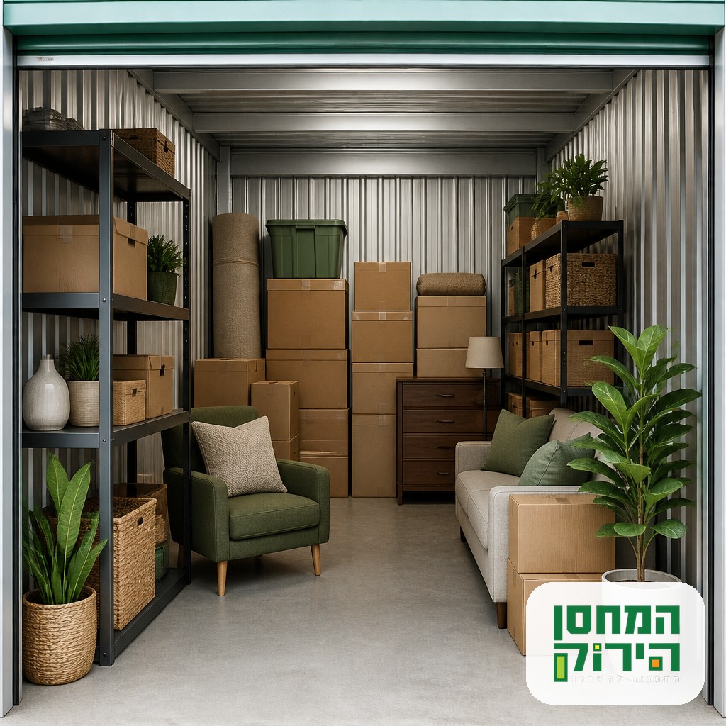 יחידת אחסון מסודרת עם קרטונים, רהיטים ופריטים ביתיים