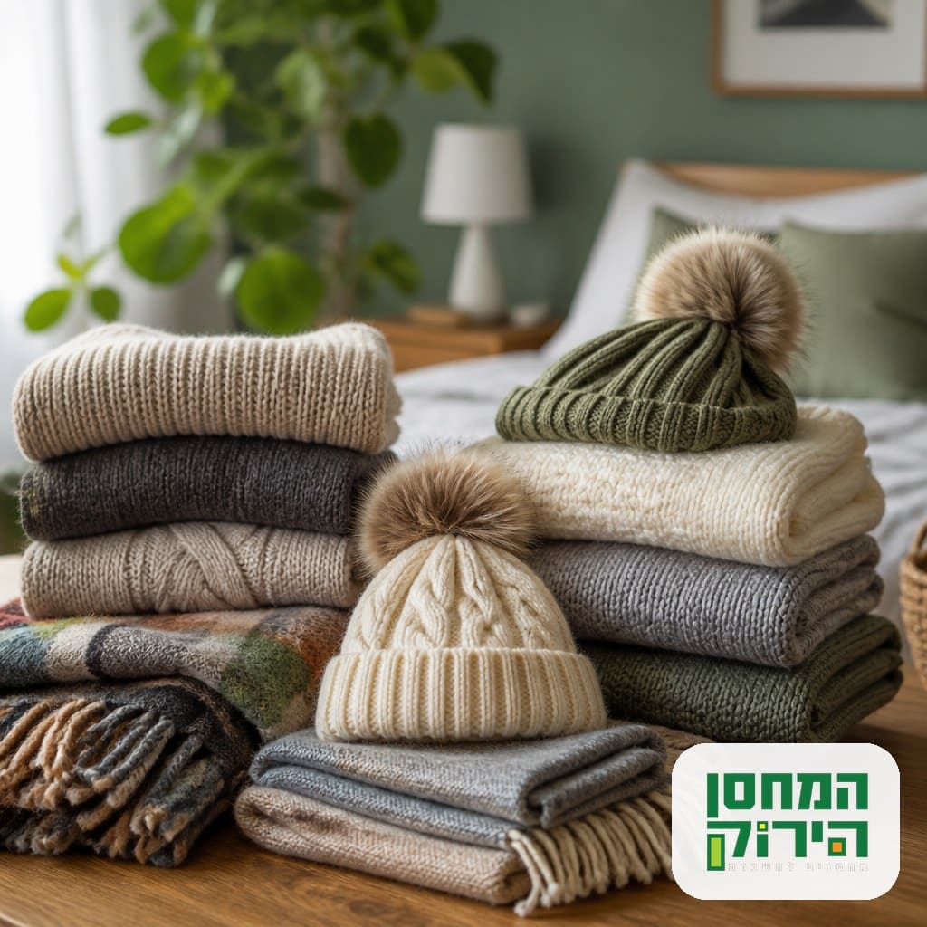 בגדי חורף מקופלים ומסודרים בערימות לקראת אחסון