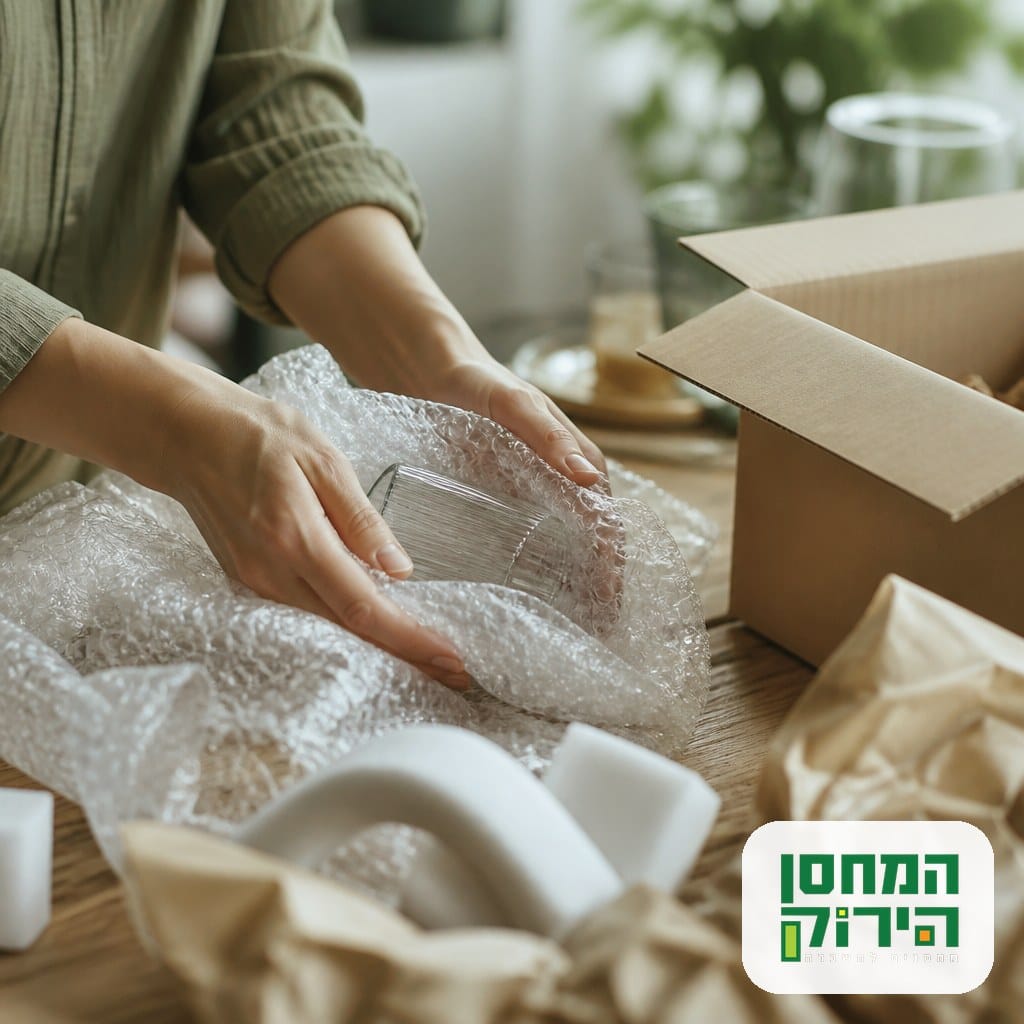 עטיפת חפצים שבירים בניילון בועות לפני אריזה בקרטון