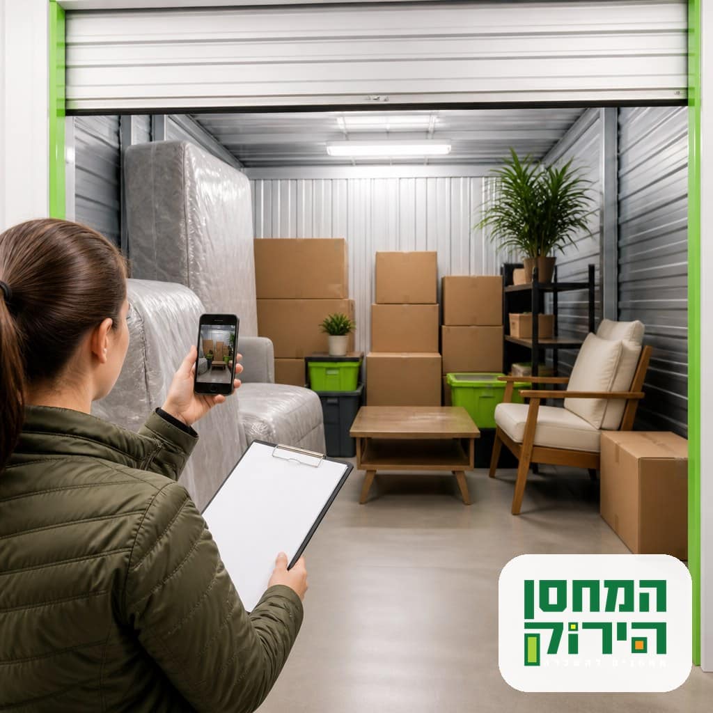 תיעוד פריטים וקביעת ערך מוצהר לביטוח תכולה במחסן, צילום ארגזים ורשימת מלאי