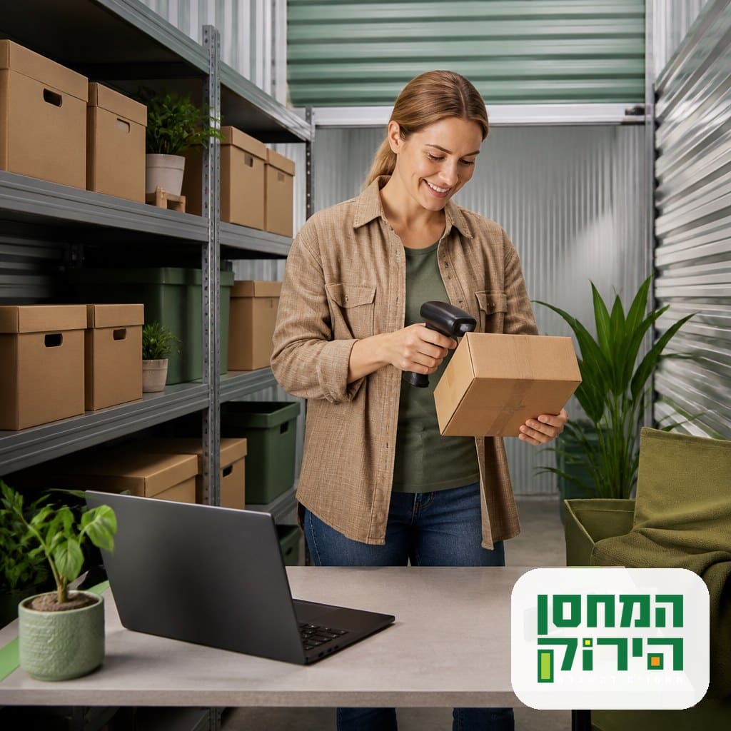 בעל עסק קטן מאחסן מלאי על מדפים מסודרים ביחידת אחסון עסקית