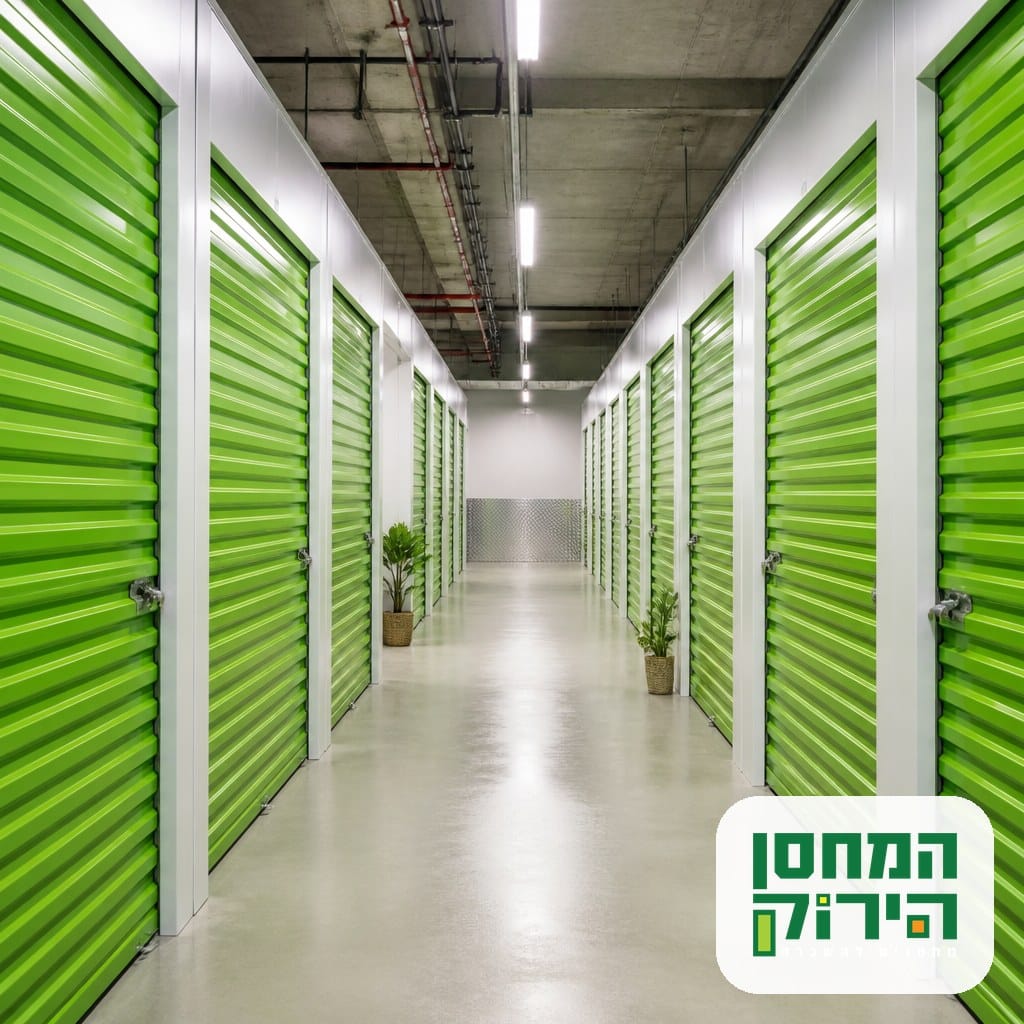 מתחם Self Storage מודרני בישראל עם שורות של יחידות אחסון ירוקות ונקיות