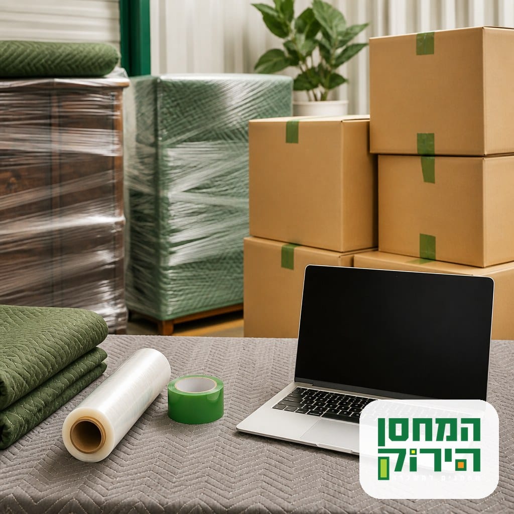 תכולה ארוזה ומתועדת לקראת אחסון מבוטח, ארגזים מסומנים ורשימת מלאי ליד רהיטים עטופים