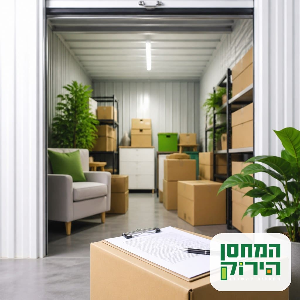 ביטוח מחסן ותכולה מאוחסנת, מסמך פוליסה על רקע יחידת אחסון מסודרת במחסן הירוק