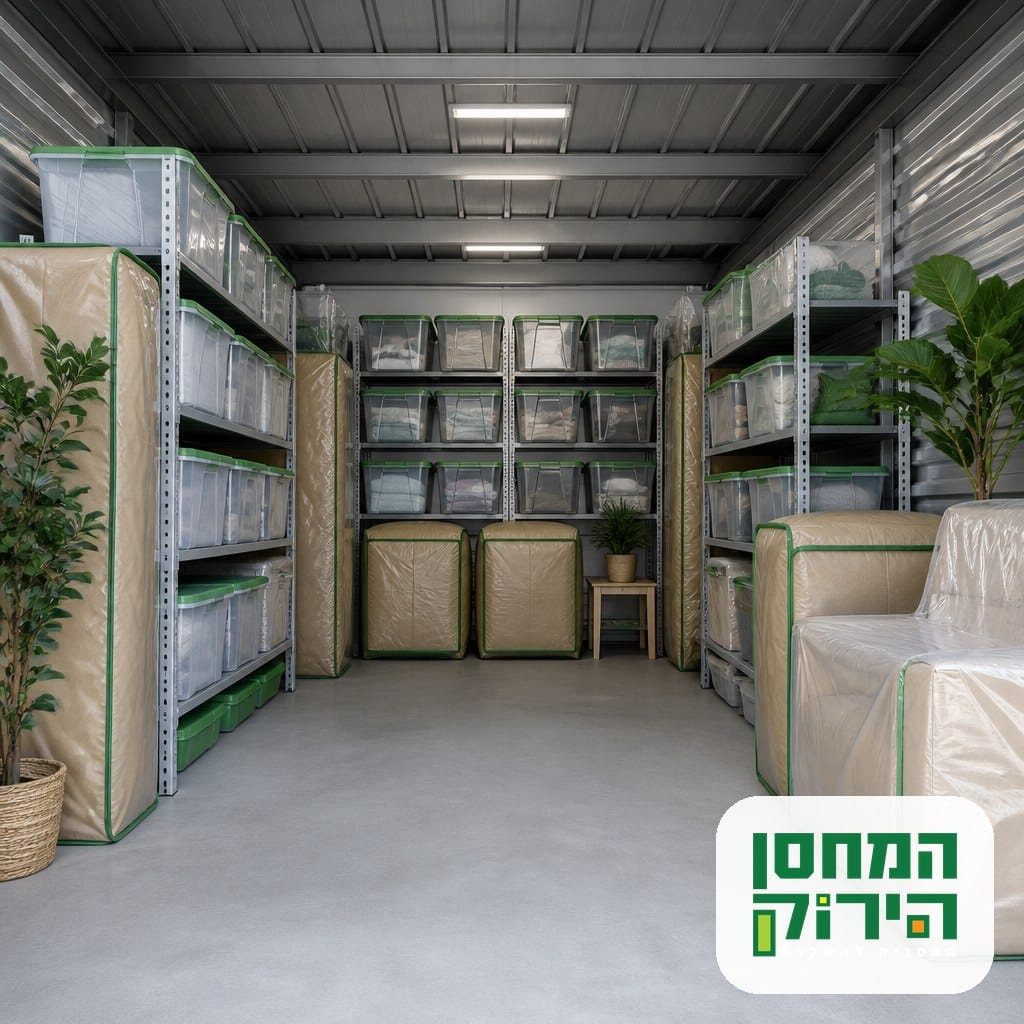מחסן מסודר עם מכלים אטומים על מדפים ורהיטים מכוסים, אריזה מותאמת לאחסון ממושך