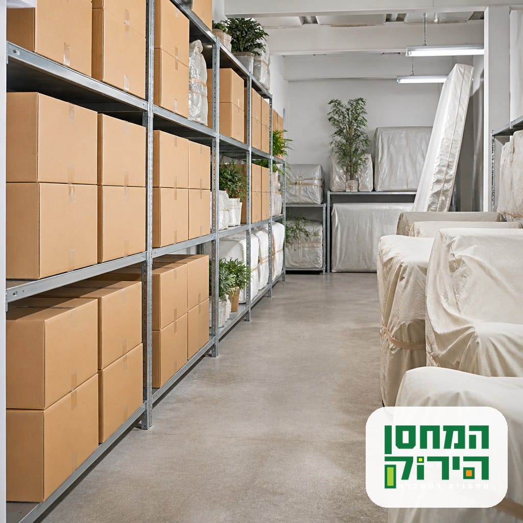 יחידת אחסון מסודרת עם ארגזים אטומים על מדפי מתכת ורהיטים מכוסים, הגנה מפני חרקים ולחות