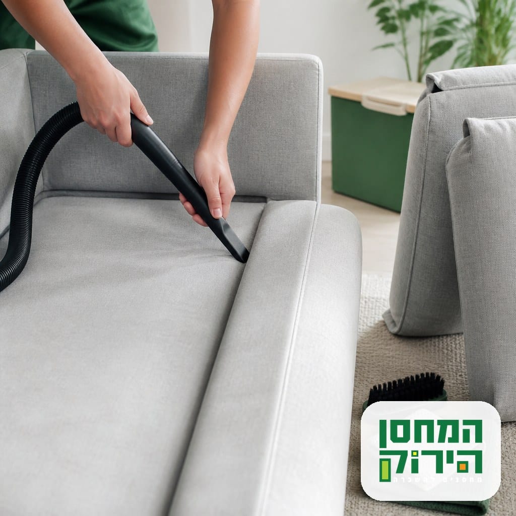 שאיבת אבק מתפרי ספה בד לפני הכנסתה למחסן, שלב ניקוי בהכנת ספה לאחסון