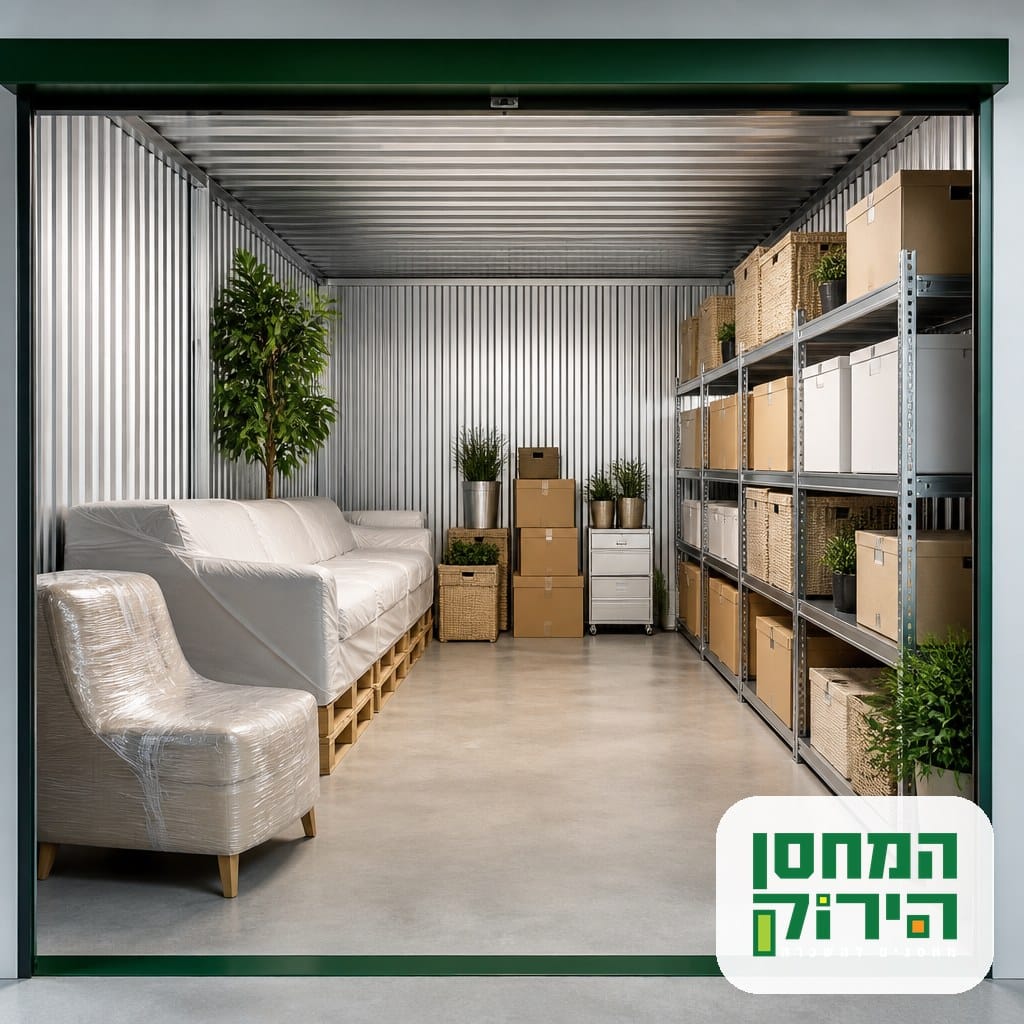 מחסן מסודר עם ספה מכוסה על משטחים וארגזים על מדפים, סידור נכון של מערכת ישיבה במחסן