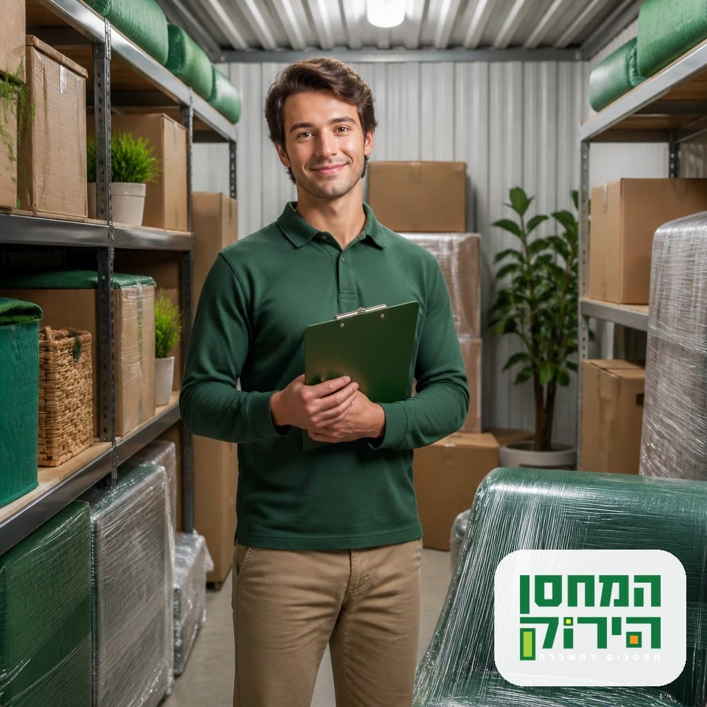 רשימת תכולה מודפסת ביד לקוח בתוך יחידת אחסון מסודרת עם ארגזים מסומנים