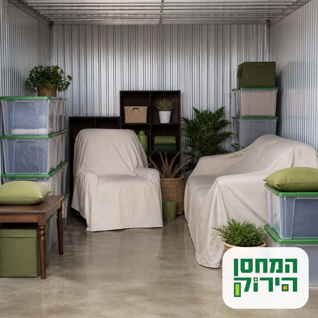 מחסן נקי ומאורגן עם ארגזים אטומים ורהיטים מכוסים, סביבה מוגנת לאחר הדברה במחסן