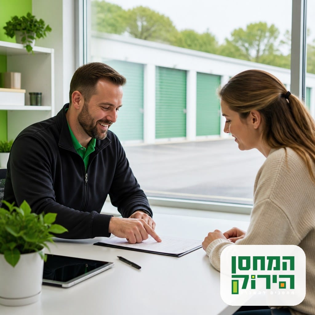 בדיקת חוזה השכרת מחסן בין נציג חברת אחסון ללקוח על שולחן משרד מסודר