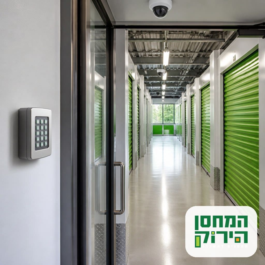 כניסה מאובטחת למתחם אחסון עם בקרת כניסה ומצלמות אבטחה במסדרון יחידות האחסון