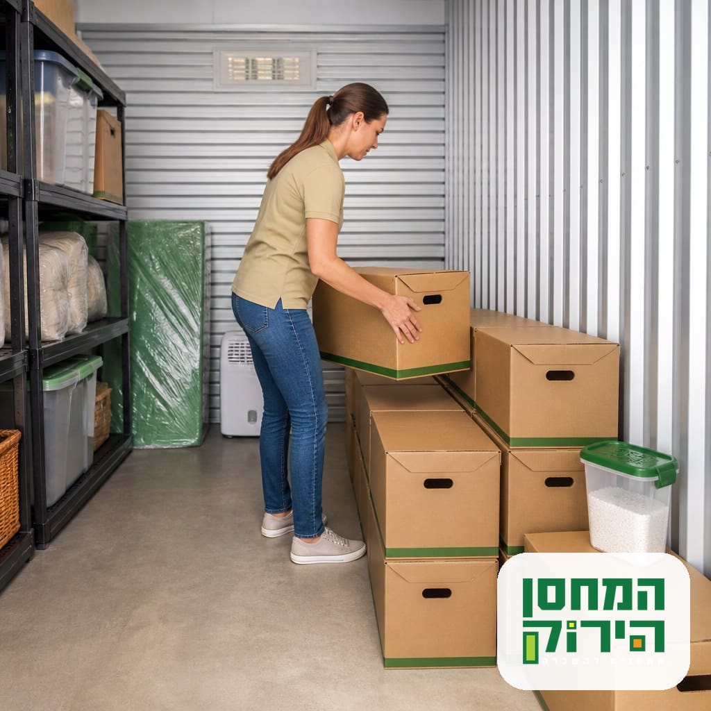 אריזה נכונה לקראת אחסון בקיץ עם רווחי אוורור בין הארגזים וסופחי לחות ביחידת האחסון