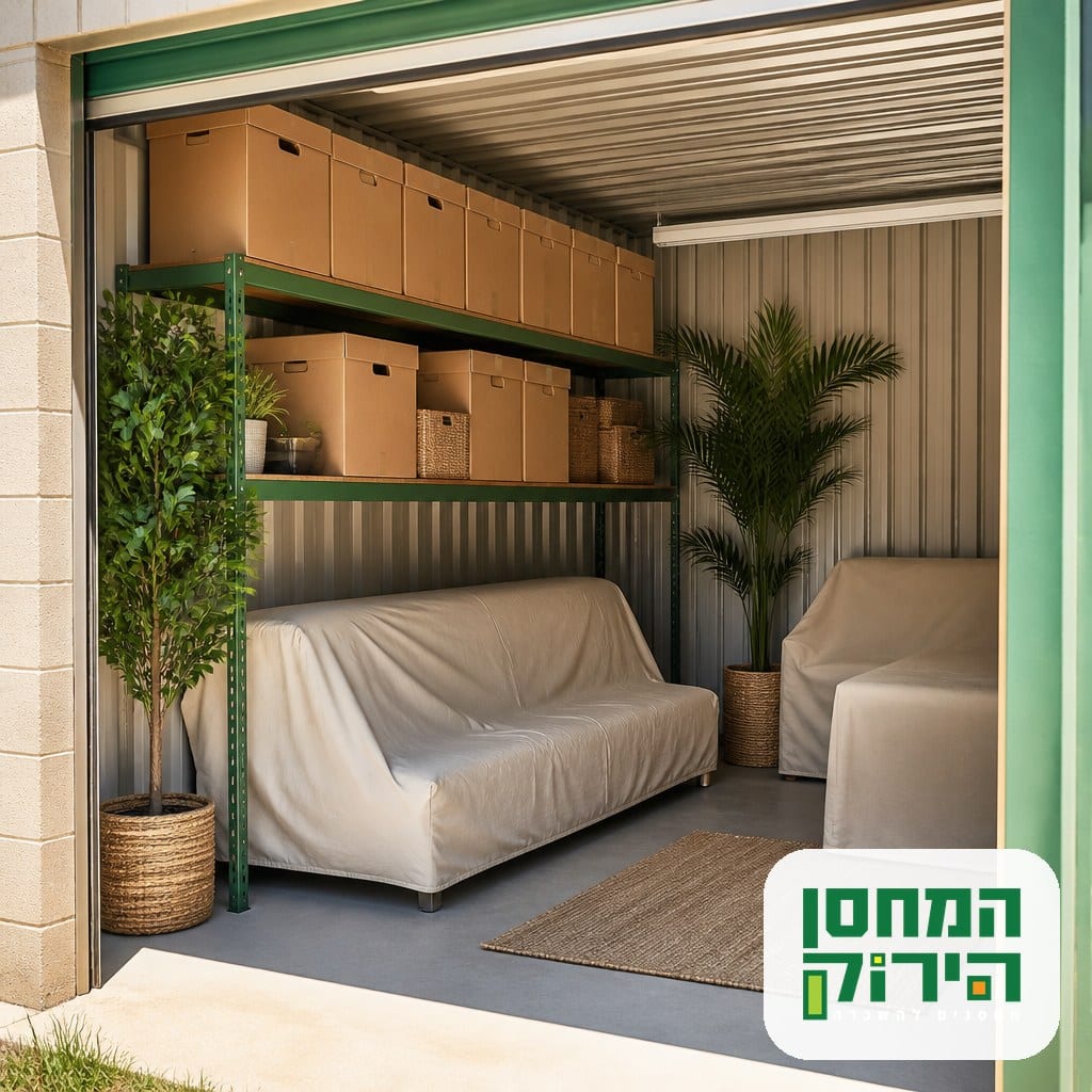 אחסון בקיץ ביחידת אחסון מסודרת עם ארגזים על מדפים ורהיטים מכוסים במחסן הירוק