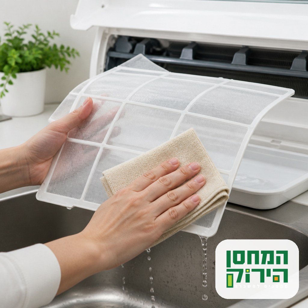 ניקוי וייבוש של מסנן מזגן לפני הכנסה למחסן, מגש רדוד לאיסוף מים ברקע