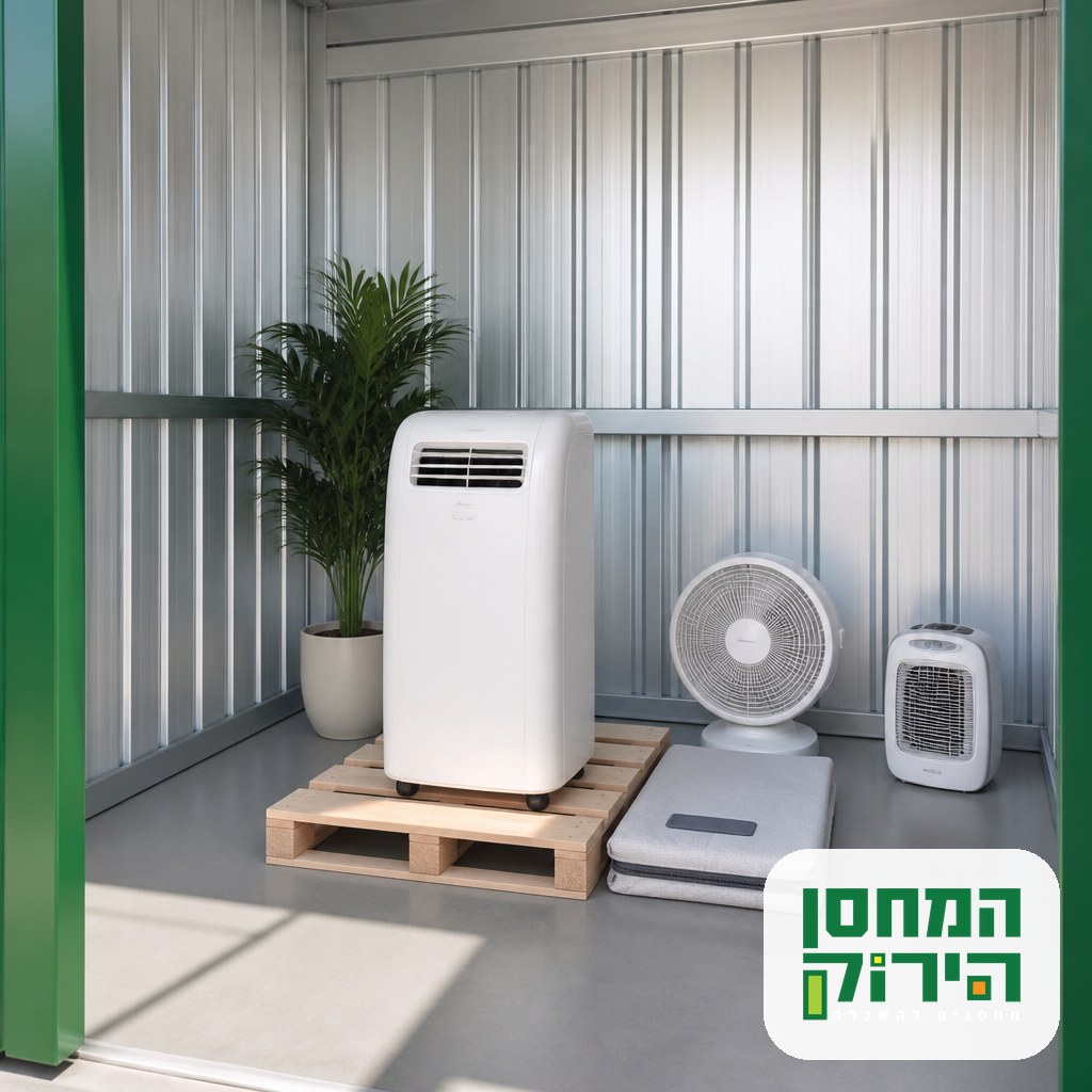 אחסון מזגן נייד ביחידת אחסון נקייה, המכשיר עומד זקוף על משטח עץ לצד מאוורר ומפזר חום