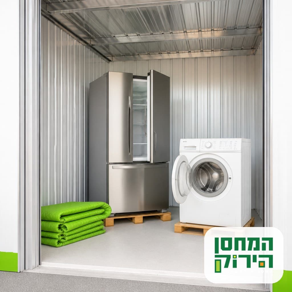 אחסון מוצרי חשמל ביחידת אחסון נקייה, מקרר ומכונת כביסה עומדים על משטחי עץ עם דלתות פתוחות מעט