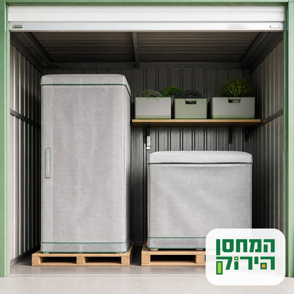 סידור נכון של מוצרי חשמל במחסן, מכונת כביסה ומקפיא עומדים לאורך הקיר עם מרווח אוורור