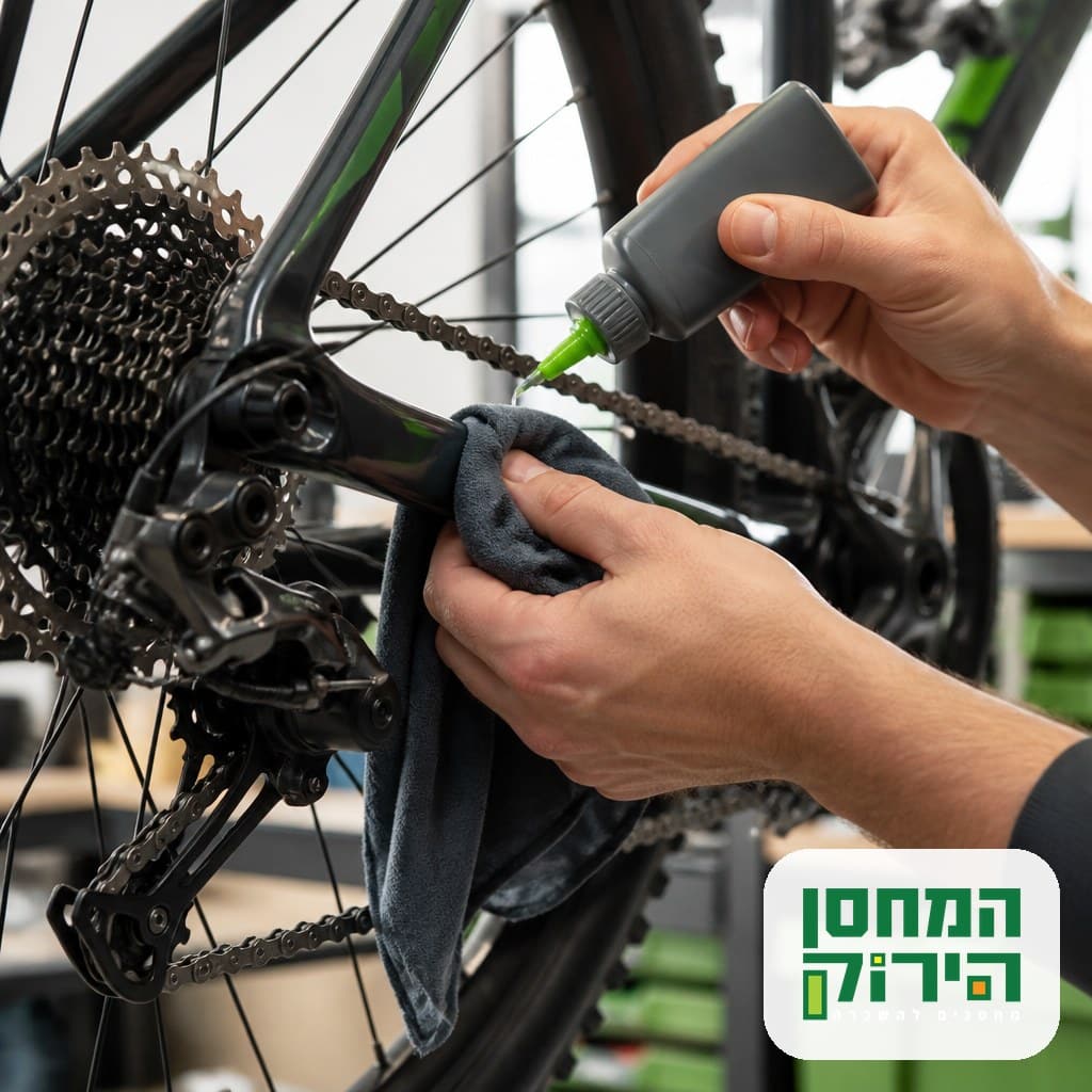 ניקוי ושימון שרשרת אופניים לפני הכנסה למחסן, מטלית וגלגל שיניים אחורי ברקע