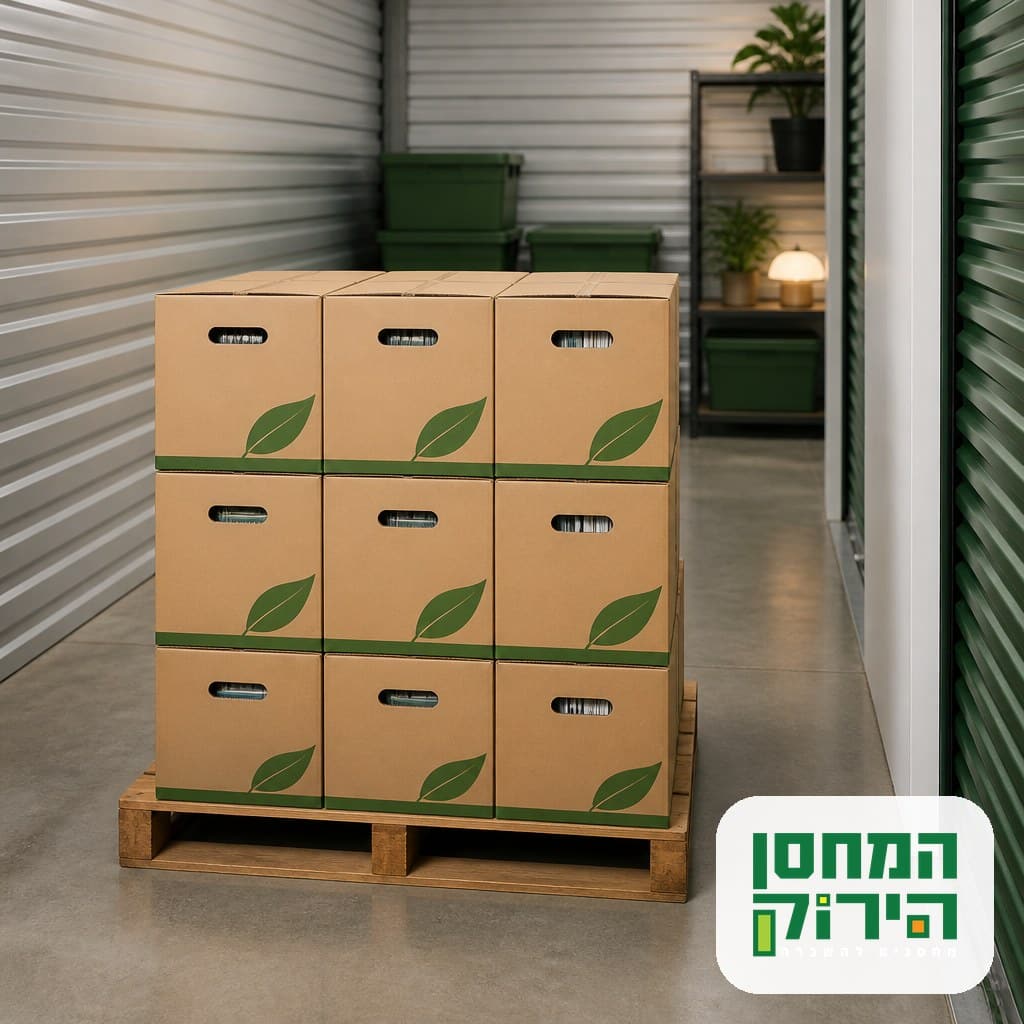 ארגזי ספרים מסומנים על משטח מוגבה במחסן מסודר
