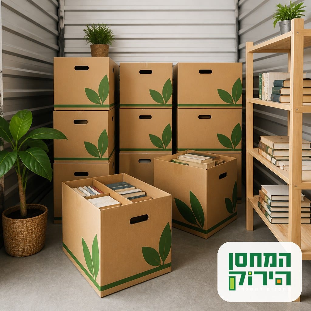 אחסון ספרים בארגזי קרטון מסודרים בחלל אחסון נקי ויבש