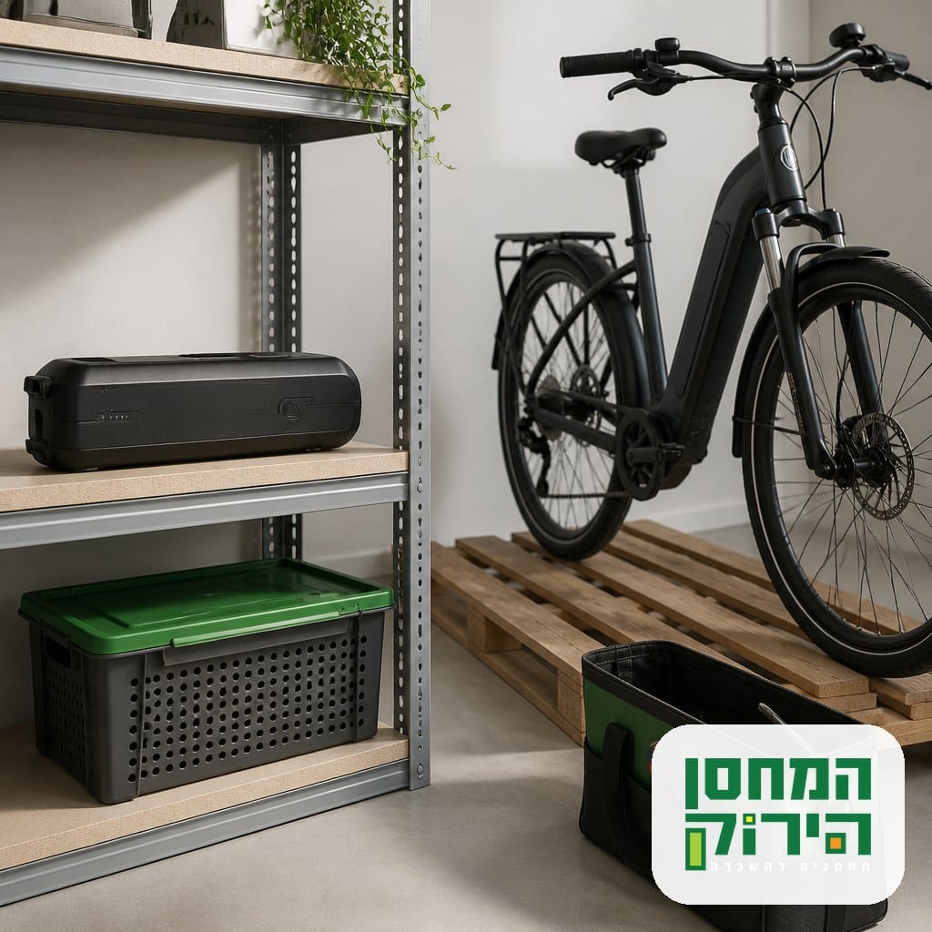סוללת אופניים חשמליים מנותקת ומונחת על מדף במחסן יבש ומאוורר לצד האופניים