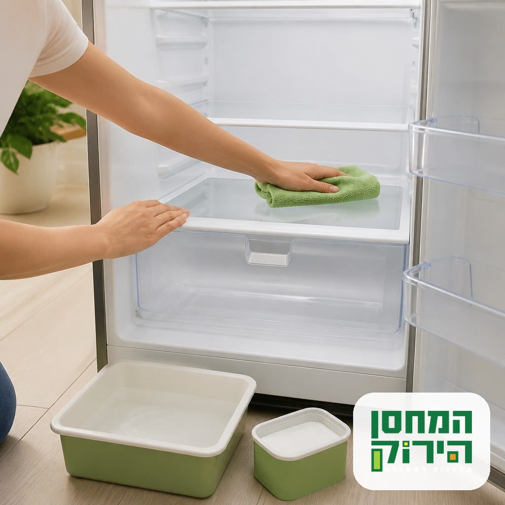 ניקוי וייבוש של מקרר ריק לפני הכנסה למחסן, מגבת מיקרופייבר ומגש לאיסוף מים