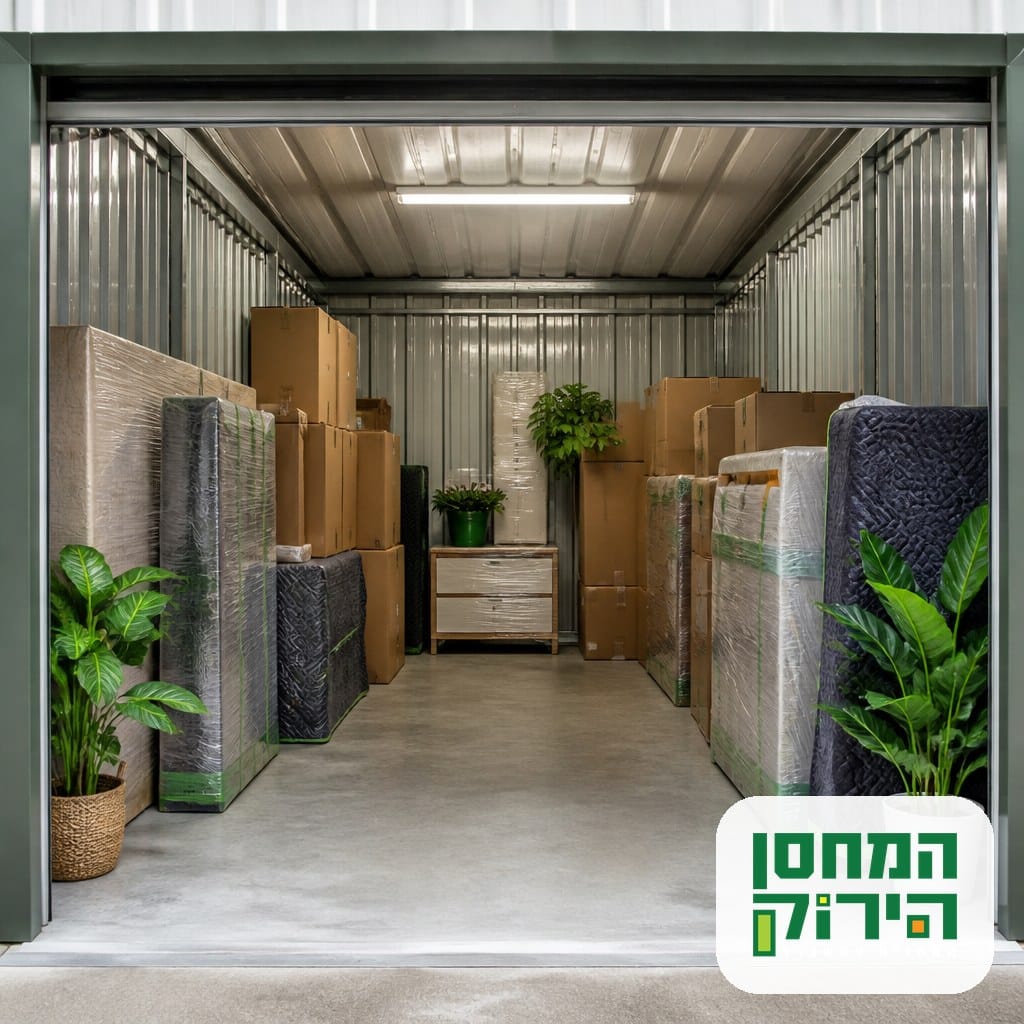 יחידת אחסון מסודרת עם רהיטים עטופים ומעבר פנוי במרכז