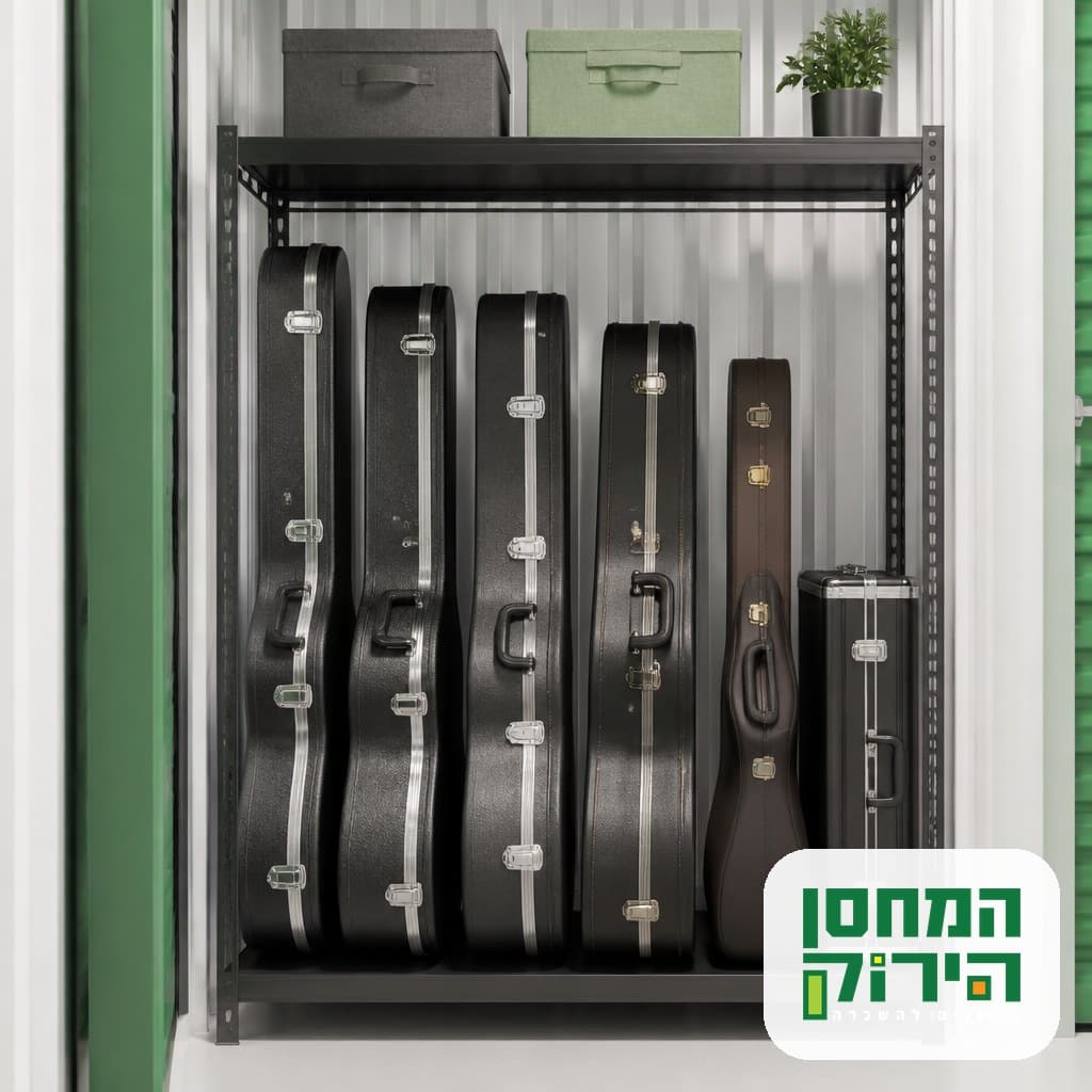 נרתיקי גיטרה, כינור וחצוצרה מסודרים על מדף יציב במחסן מאורגן לאחסון כלי נגינה
